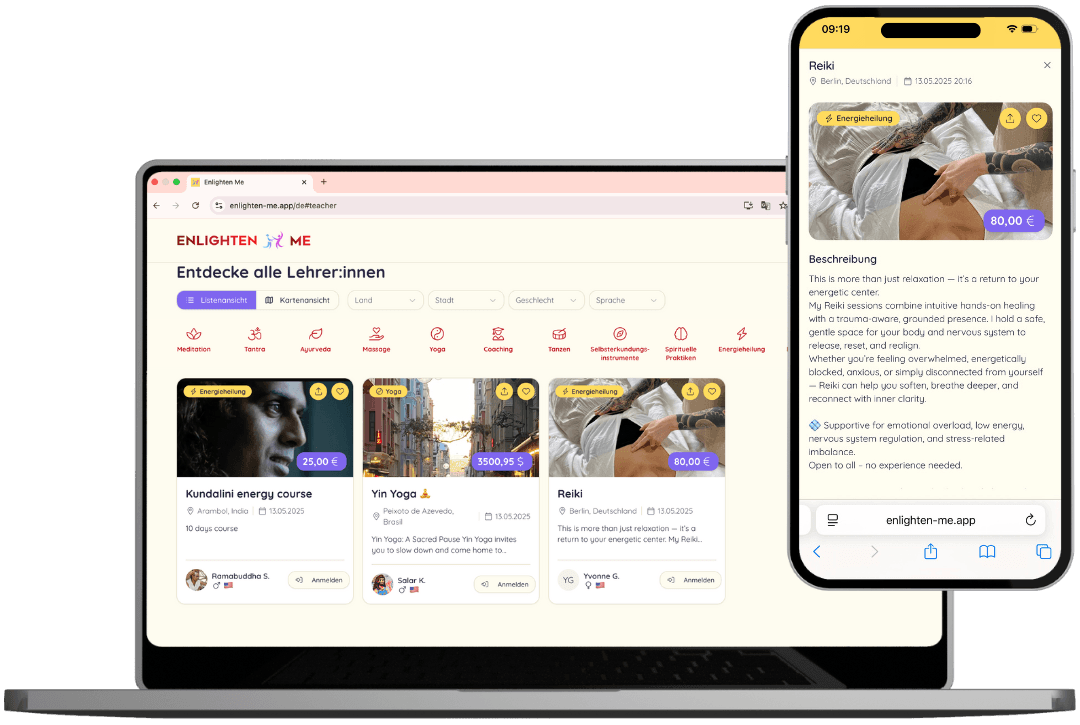 Startseite der Enlighten Me Web-App auf einem Laptop – spirituelle Angebote digital entdecken