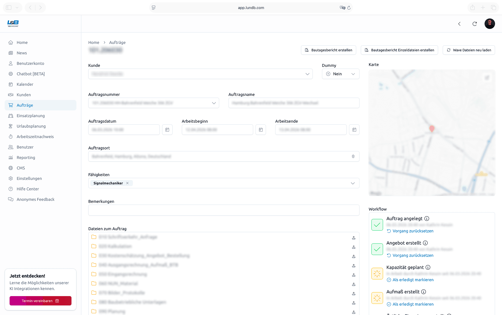 Auftragsseite mit wichtigsten Infos von L&B