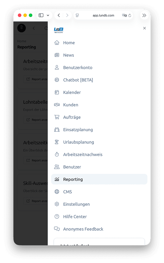 lundb Menüpunkte der App